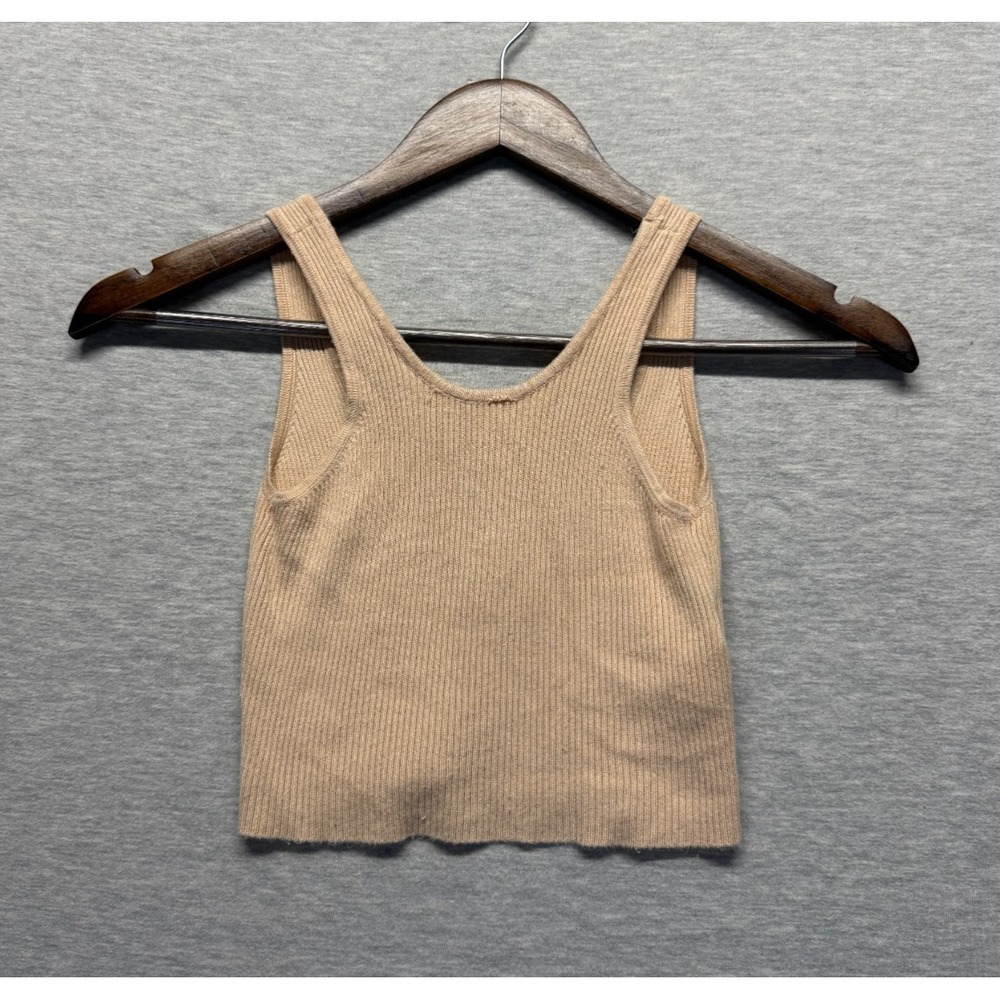 Zara Cropped Tank Top Women 9-10 Beige Viscose Ribbed Knit Sleeveless Scoop Neck